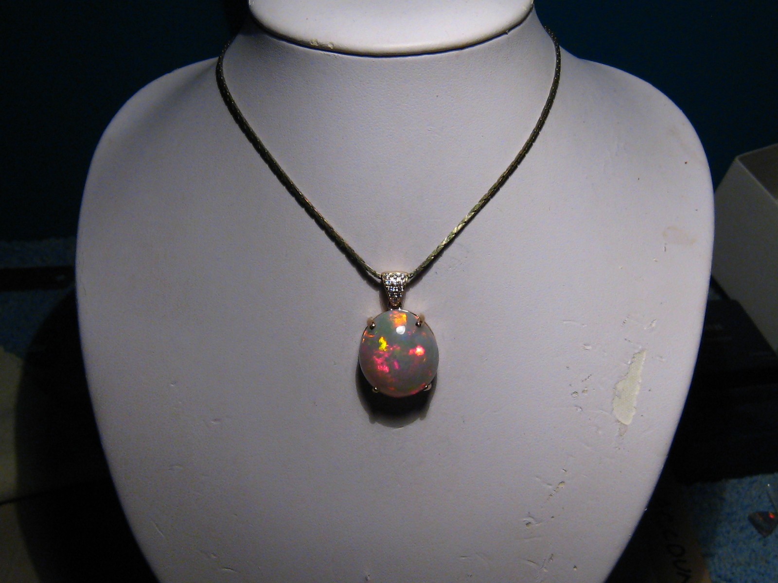 Large 16 ct. Ethiopian Opal and Diamond Pendant , 14 k Gold , Red Harlequin