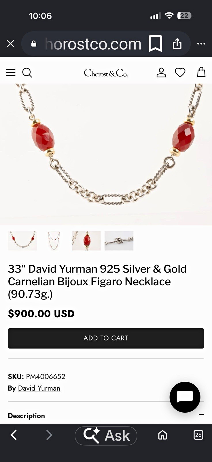 David Yurman 925 Sterling Silver Carnelian Station 33in Figaro Toggle Necklace