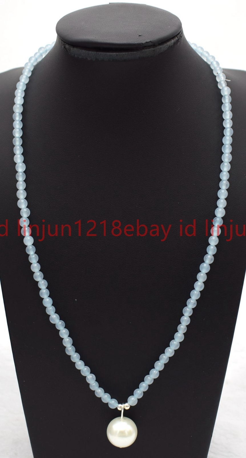 4mm Light Blue Jade Round Gems Beaded White Shell Pearl Pendant Necklace 16-28in