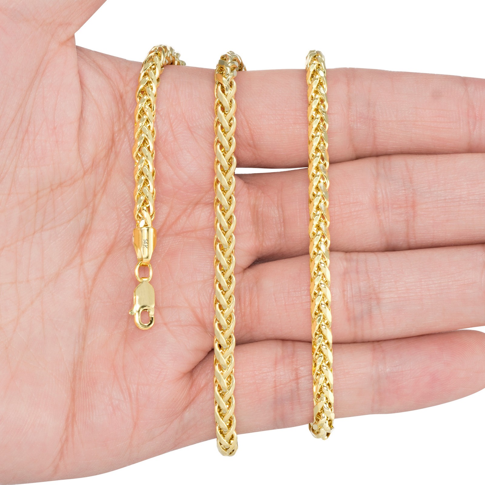 14K Yellow Gold 2.5mm-5mm Round Wheat Palm Franco Spiga Chain Necklace 16″- 30″
