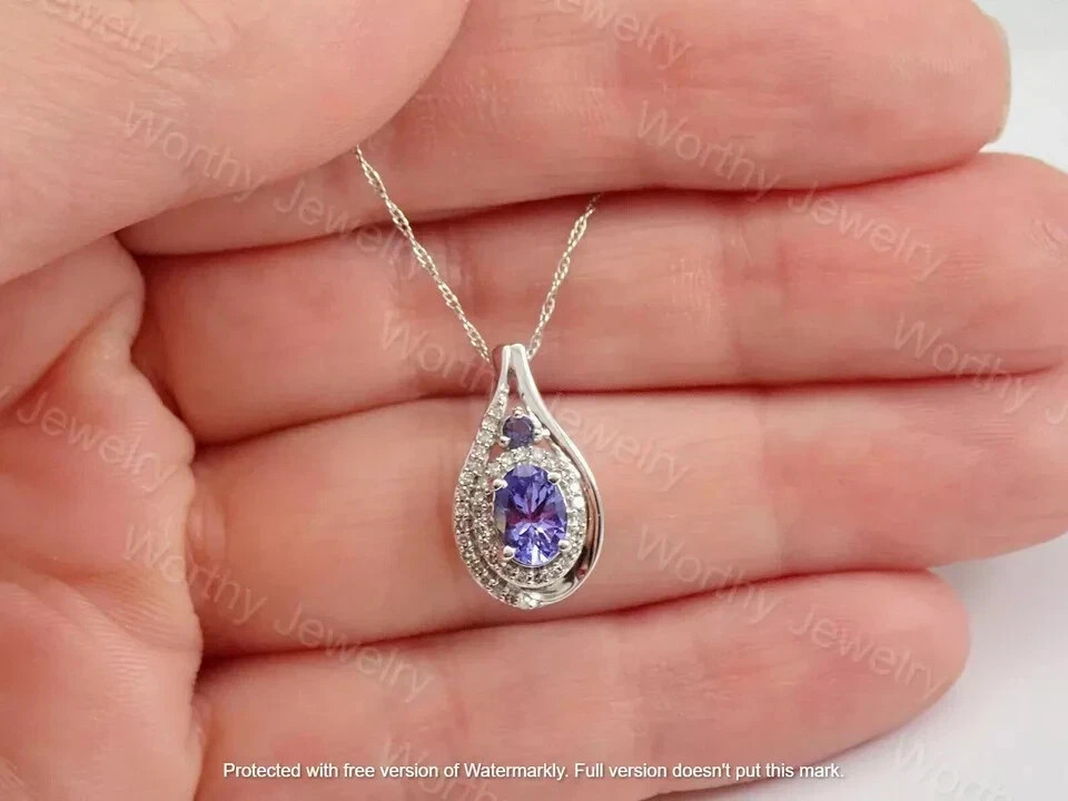 2Ct Oval Cut Tanzanite & Diamond Halo Pendant 14K White Gold Finish Free Chain