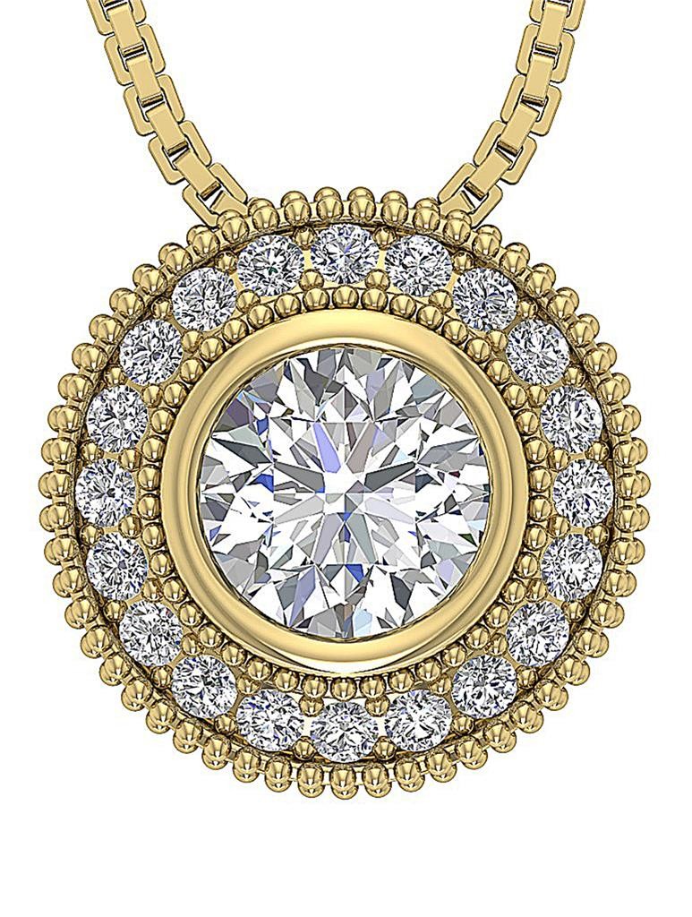 VS F 1.30 Ct Halo Cluster Circle Pendant Lab Grown Round Diamond 14K Yellow Gold