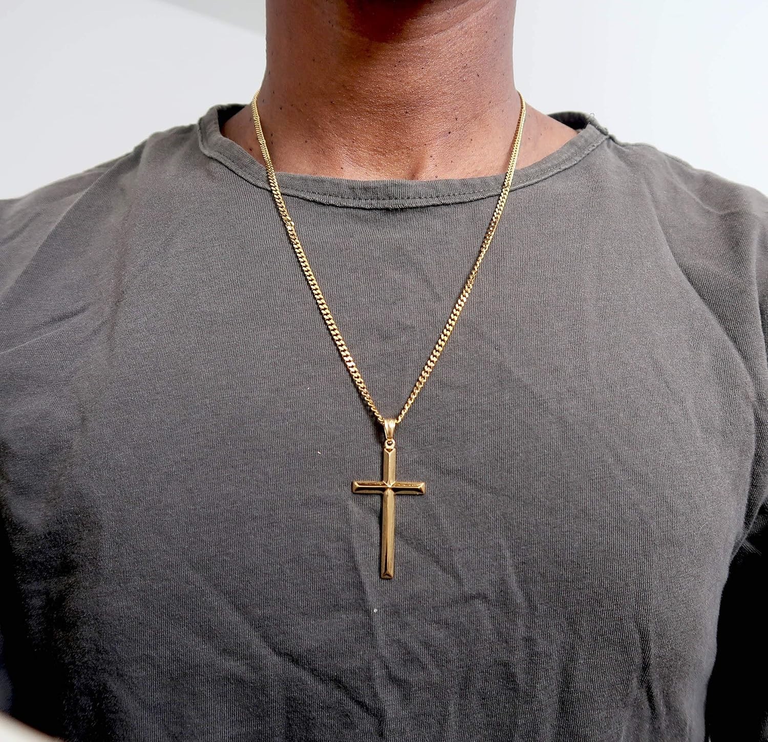 24K Gold Chain Style Cross Pendant Necklace Strong Clasp for MEN 24ct 3MM Thin