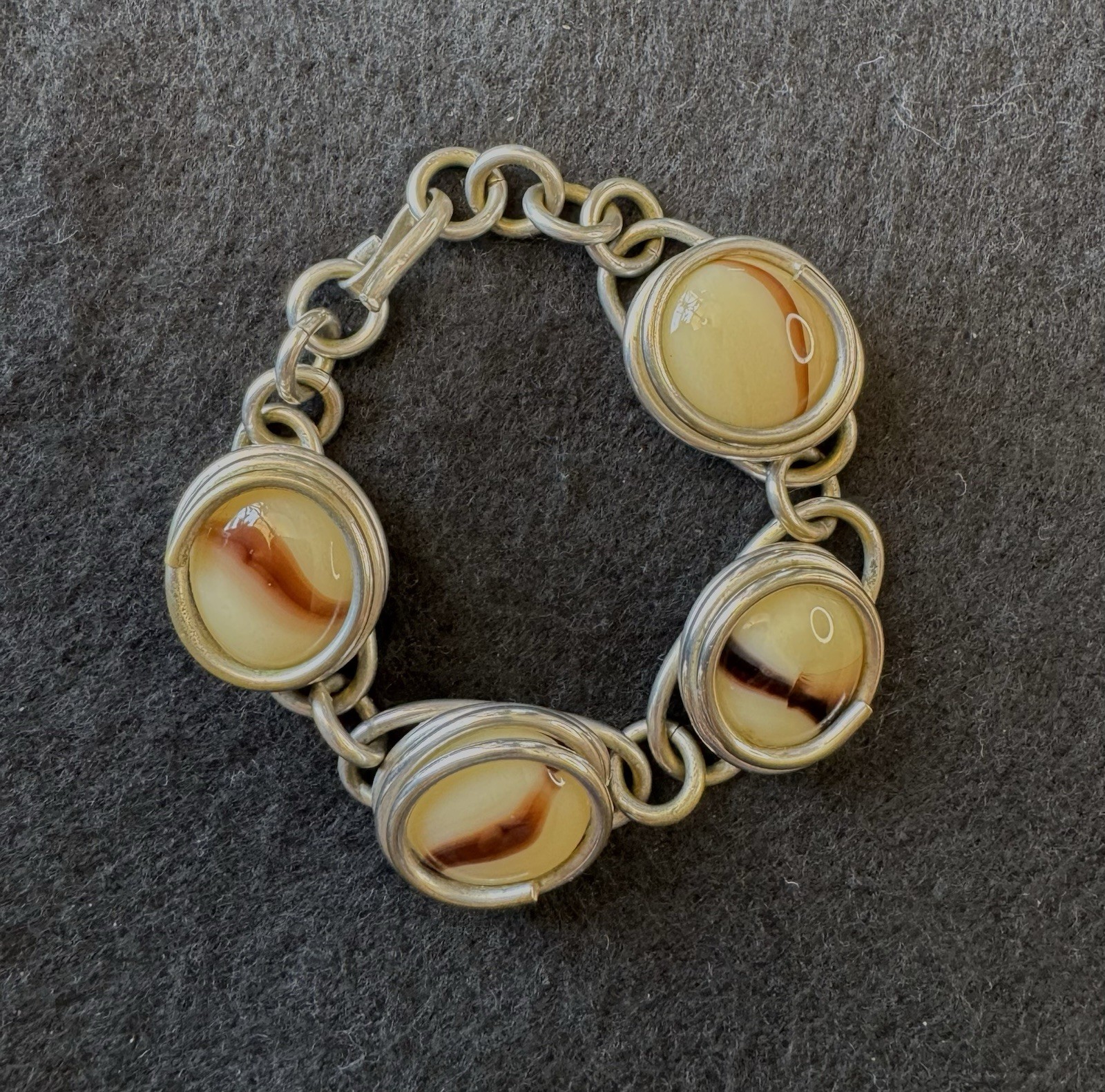 Unique OOAK Bracelet & Pendant Set Silver Metal Polished Cream Agate Stone.