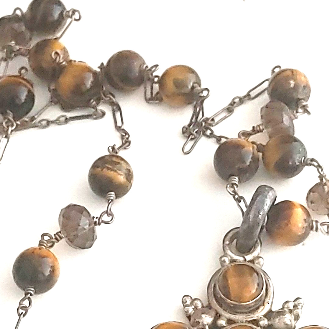 Sterling Silver Tiger’s Eye CROSS Pendant Necklace Rosary Style Chain Signed 32”