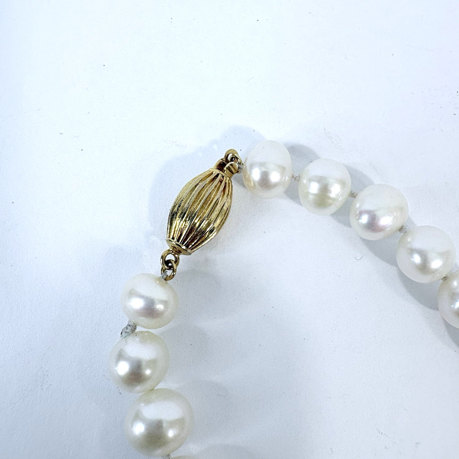 Cultured Button Pearl Necklace 14K GF Box Clasp Hand Knotted 8mm x 7mm 16″ Bride