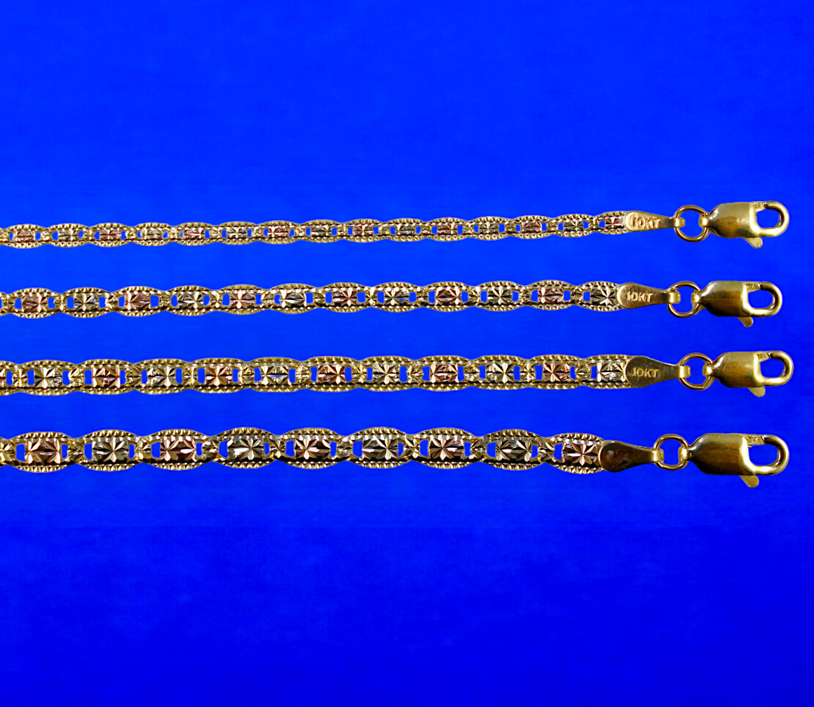 10K Tri Color Gold Solid Valentino Mariner Anchor Chain Necklace DC 2mm-4mm