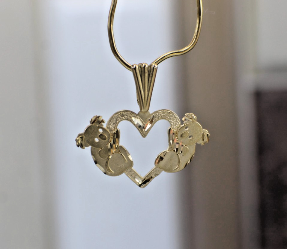 Solid 14K Yellow Gold Koala Heart Charm Pendant Australia In Love Pair