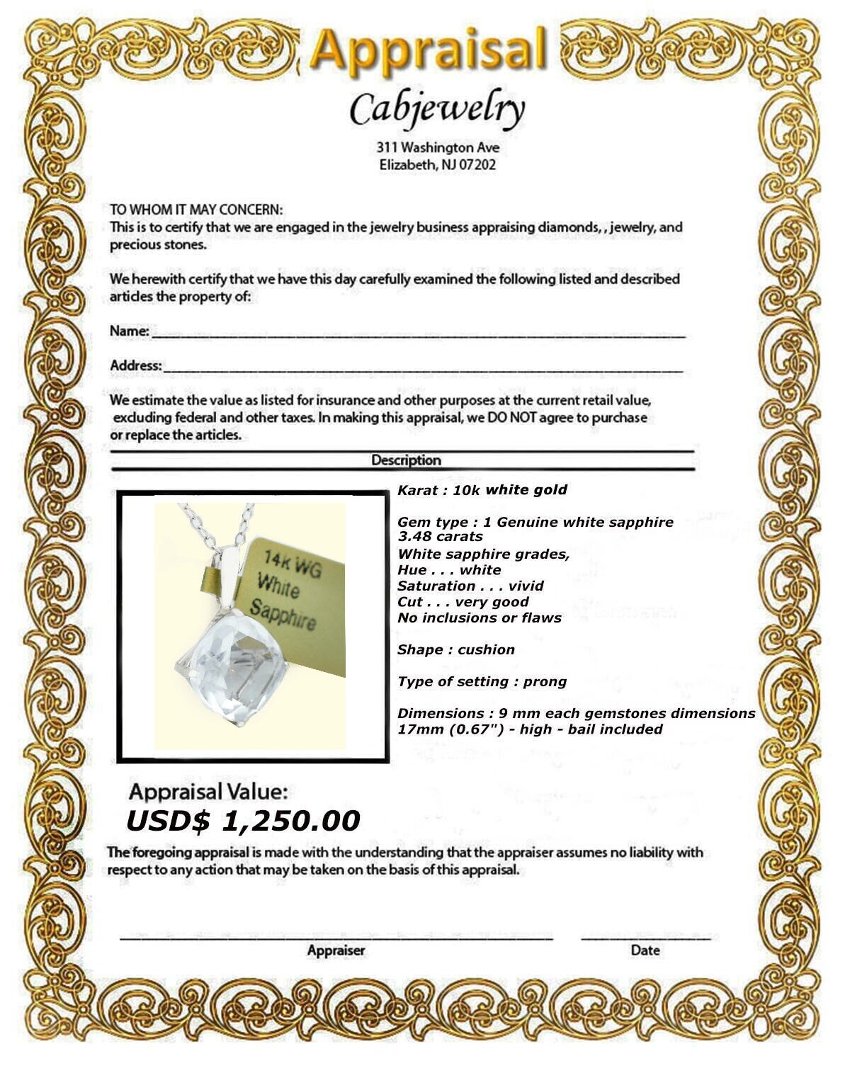 GENUINE 3.48 Cts WHITE SAPPHIRE PENDANT 14K WHITE GOLD – Free Appraisal Service