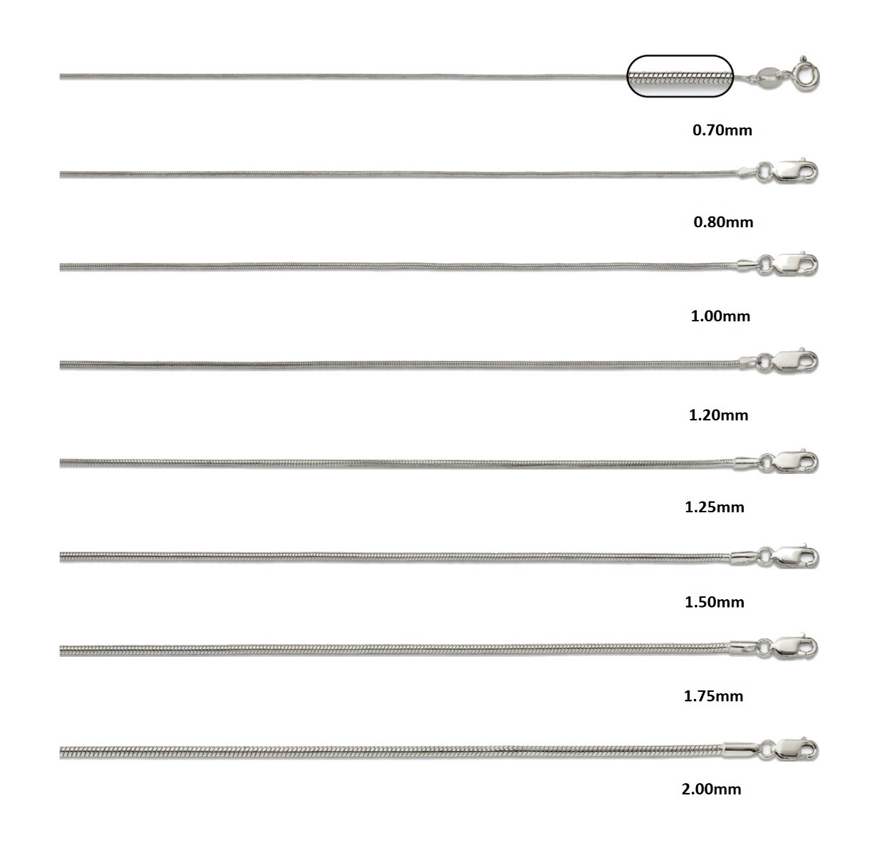 Sterling Silver Snake Chain 16″, 18″, 20″, 22″, 24″, 26″, 28″, 30″ Inch Lengths