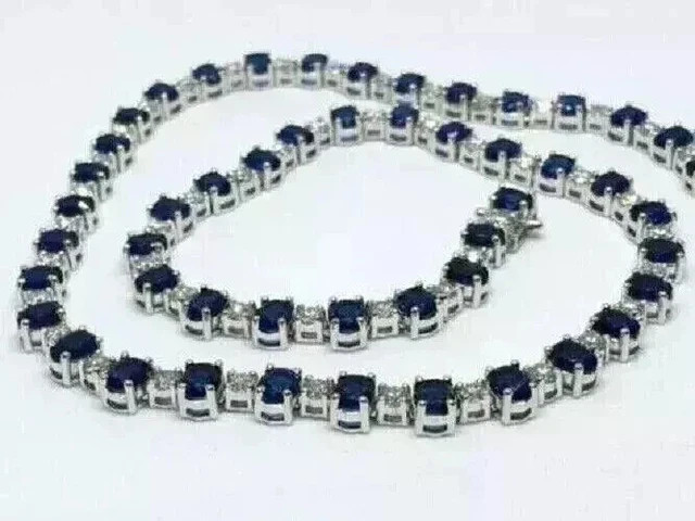 18.00Ct Round Cut Simulated Sapphire Women Tennis Necklace 14K White Gold Plated