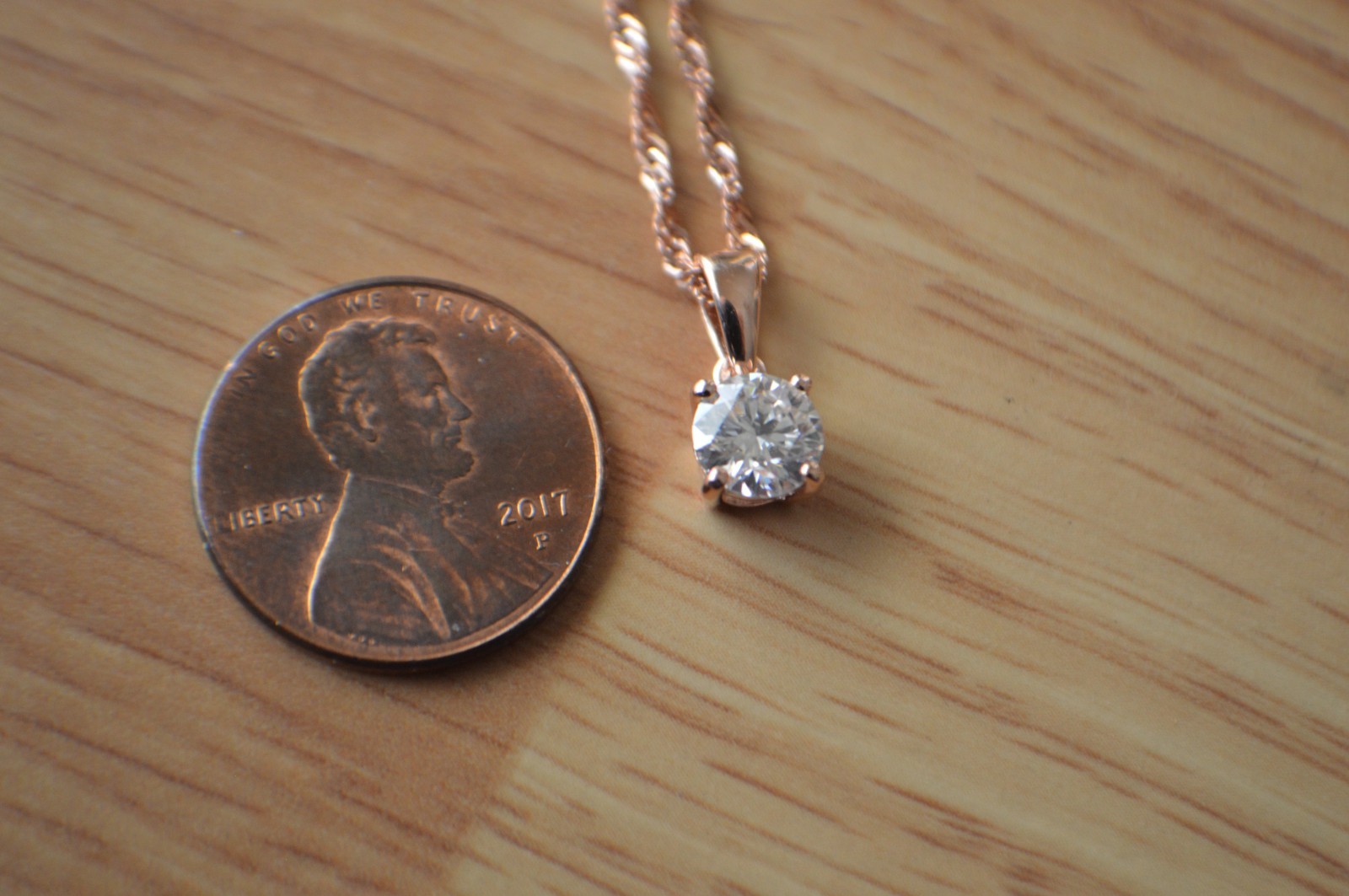 0.75ct Moissanite Pendant w/ adjustable 24″ Chain 14K RG Plated Over Fine Silver
