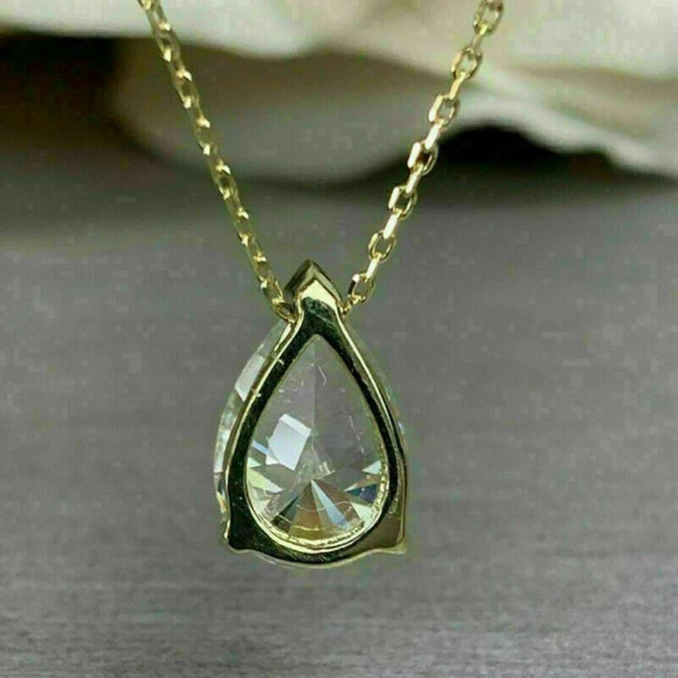 2Ct Pear Lab-Created Diamond Solitaire Pendant Necklace 14k Yellow Gold Plated