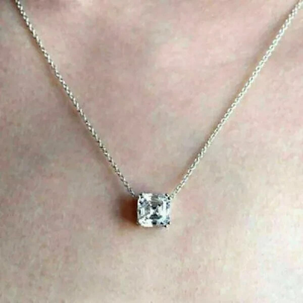 2 Ct Asscher Cut Lab Created Diamond Solitaire Pendant 14k White Gold Finish