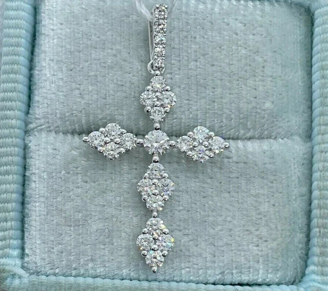 Women’s Cross Charm Pendant 14K White Gold Plated Round 1.98ct Lab Grown Diamond