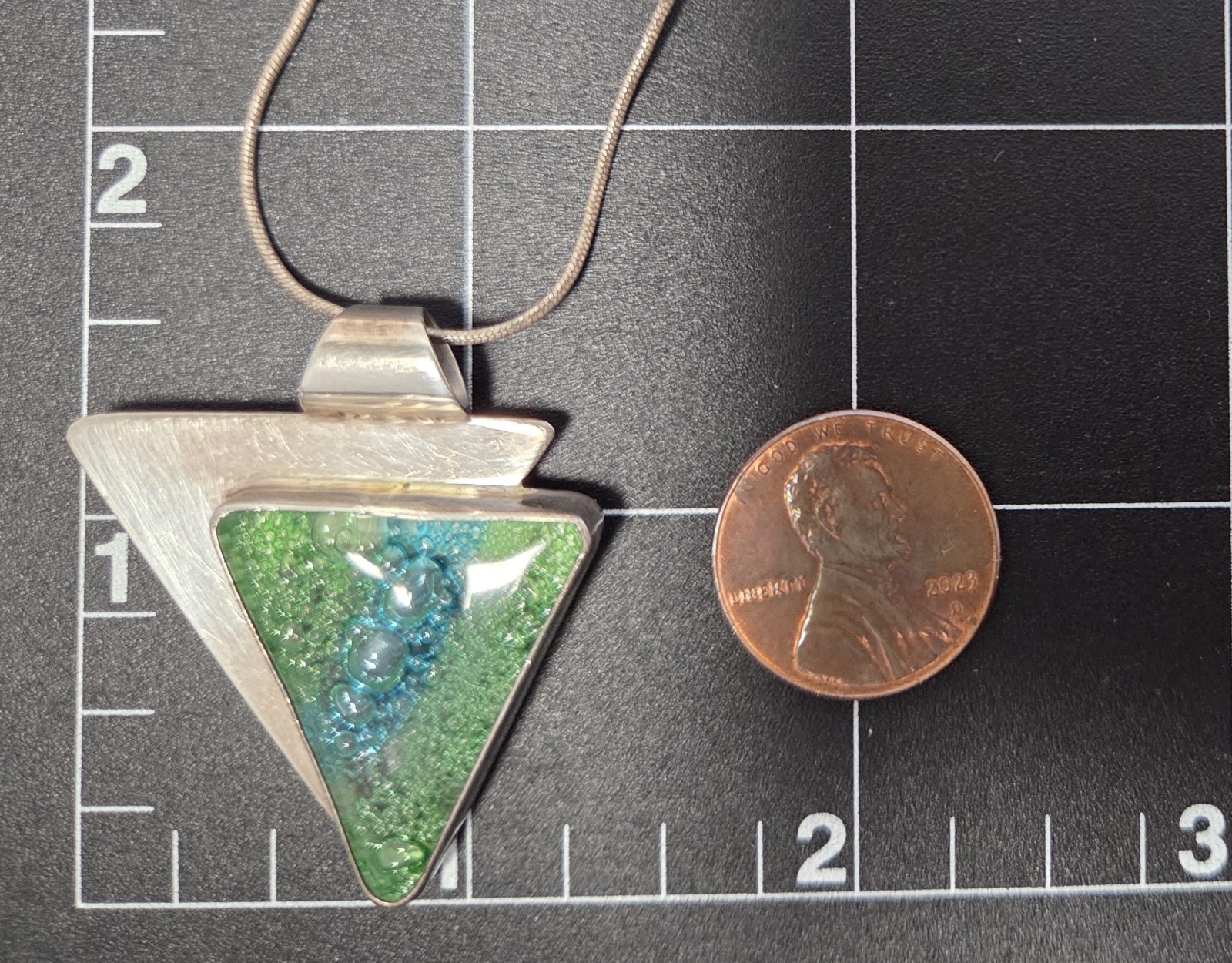 Dichroic Glass Sterling Silver Triangle Pendant Necklace 18″ Green Blue Bubbles