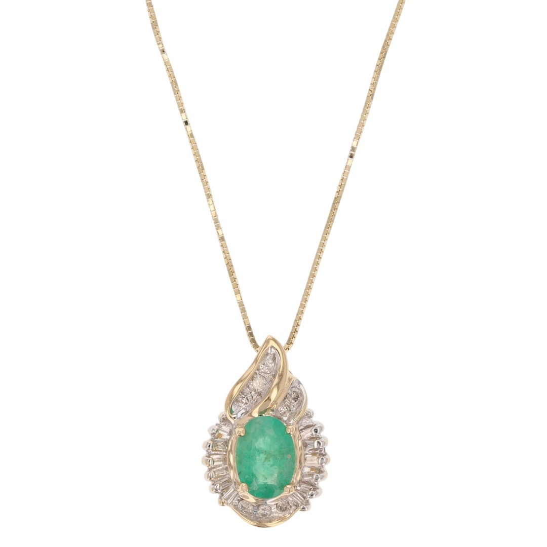 .75ctw Emerald & Diamond Halo Teardrop Pendant 18″ Necklace 14k Multi-Tone Gold