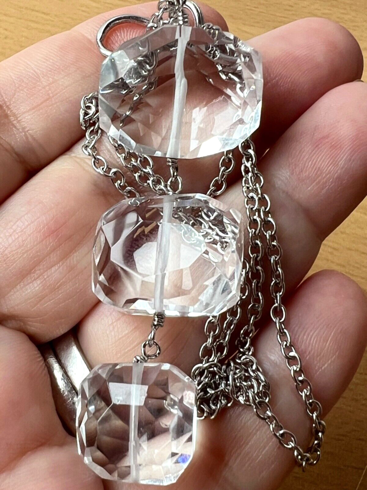 ARTISAN ROCK CRYSTAL CLEAR COLORLESS QUARTZ LONG NECKLACE 925 STERLING DESIGNER