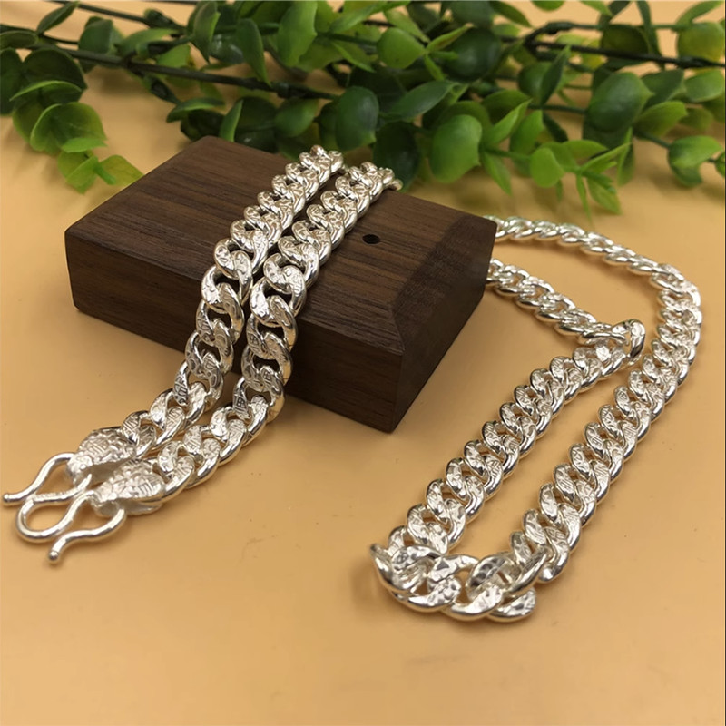 Pure 999 Fine Silver Chain Men Women Carved Lucky Solid Cuban Curb Link Necklace