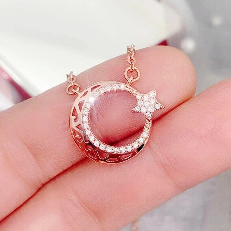 1Ct Lab Created Diamond Round Star Moon Pendant 14K Rose Gold Plated Free Chain