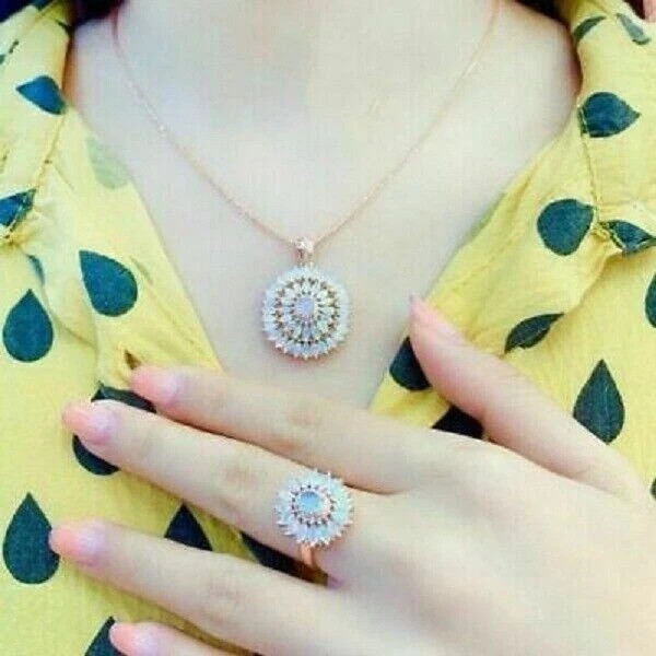 4CT Oval Cut Fire Opal Women’s Flower Pendant Free Chain 14K Yellow Gold Finish