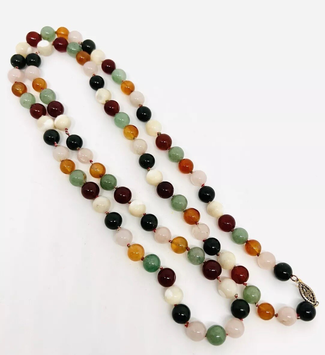 Sterling Silver Carved Multi Gemstone Beaded Necklace 67gm 32 in Vintage Jewelry