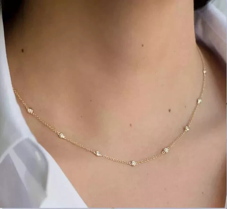 1Ct Round Cut Lab Created Diamond By The Yard Necklace 14K Yellow Gold Plated