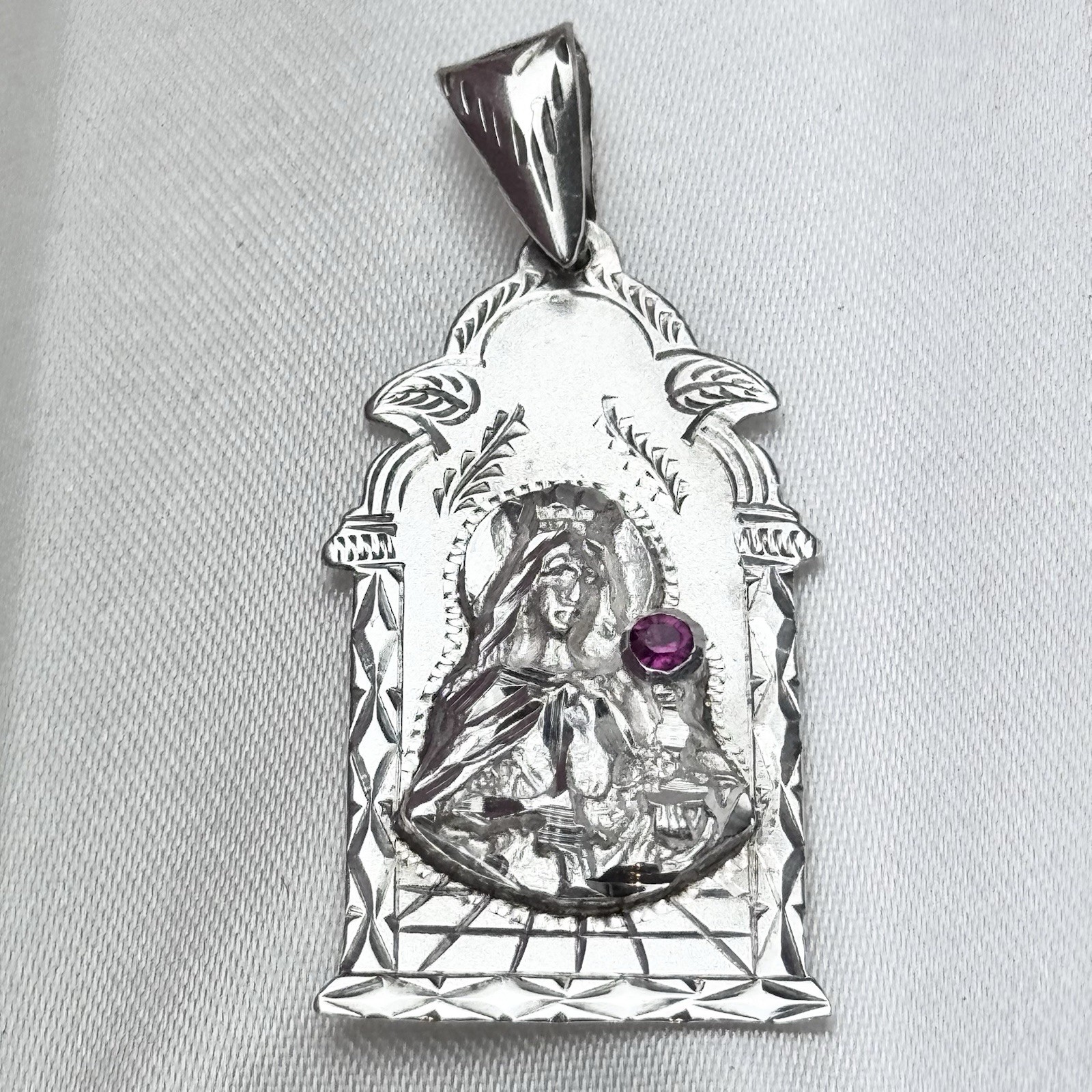 Sterling Silver 925 Santa Barbara 1 5/8in Pendant-Charm w/ Ruby / 3.5 Grams