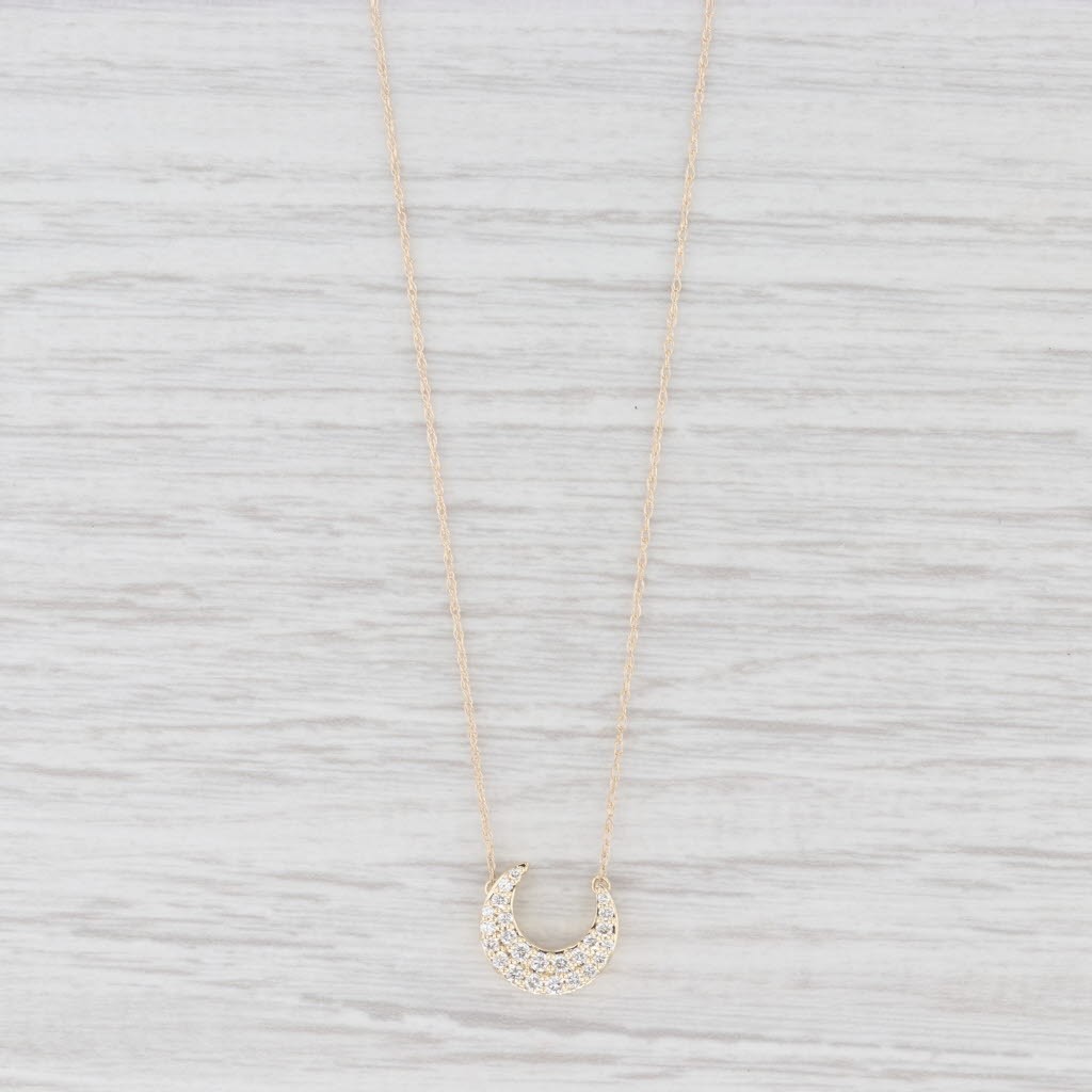 New 0.24ctw Diamond Crescent Moon Stationary Pendant Necklace 10k Gold 16″