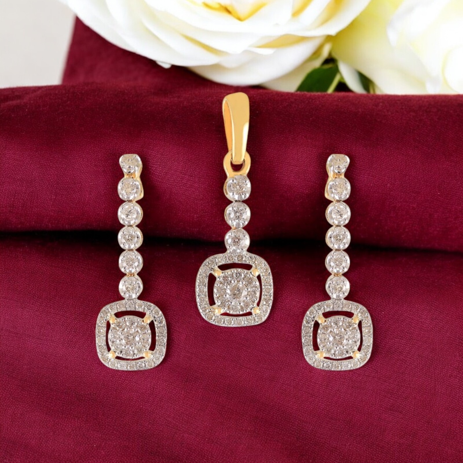 Pave 1.45 Cts Round Brilliant Cut Natural Diamonds Pendant Earrings Set 14K Gold