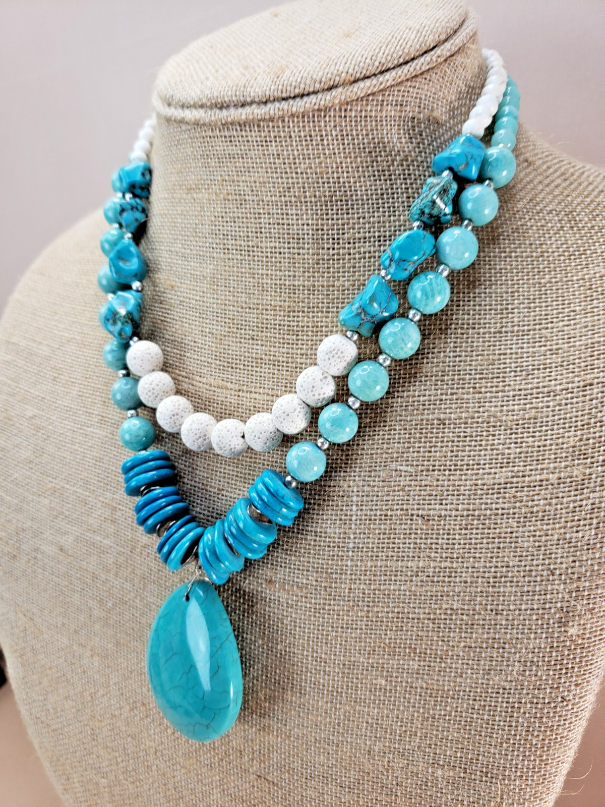 Sterling Silver Amazonite Turquoise Lava Bead Howlite Pendant Necklace S925