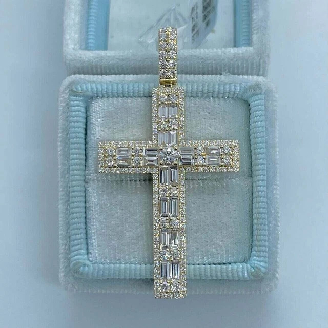 3 Ct Lab Created Diamond Baguette Cross Pendant 14k Gold Plated