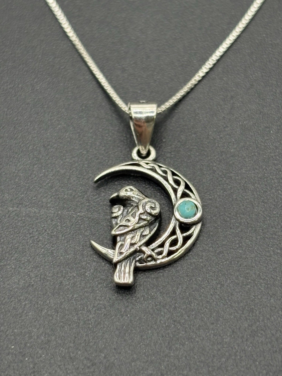 New Condition 18″ Sterling Silver Turquoise Celtic Bird Moon Pendant Necklace