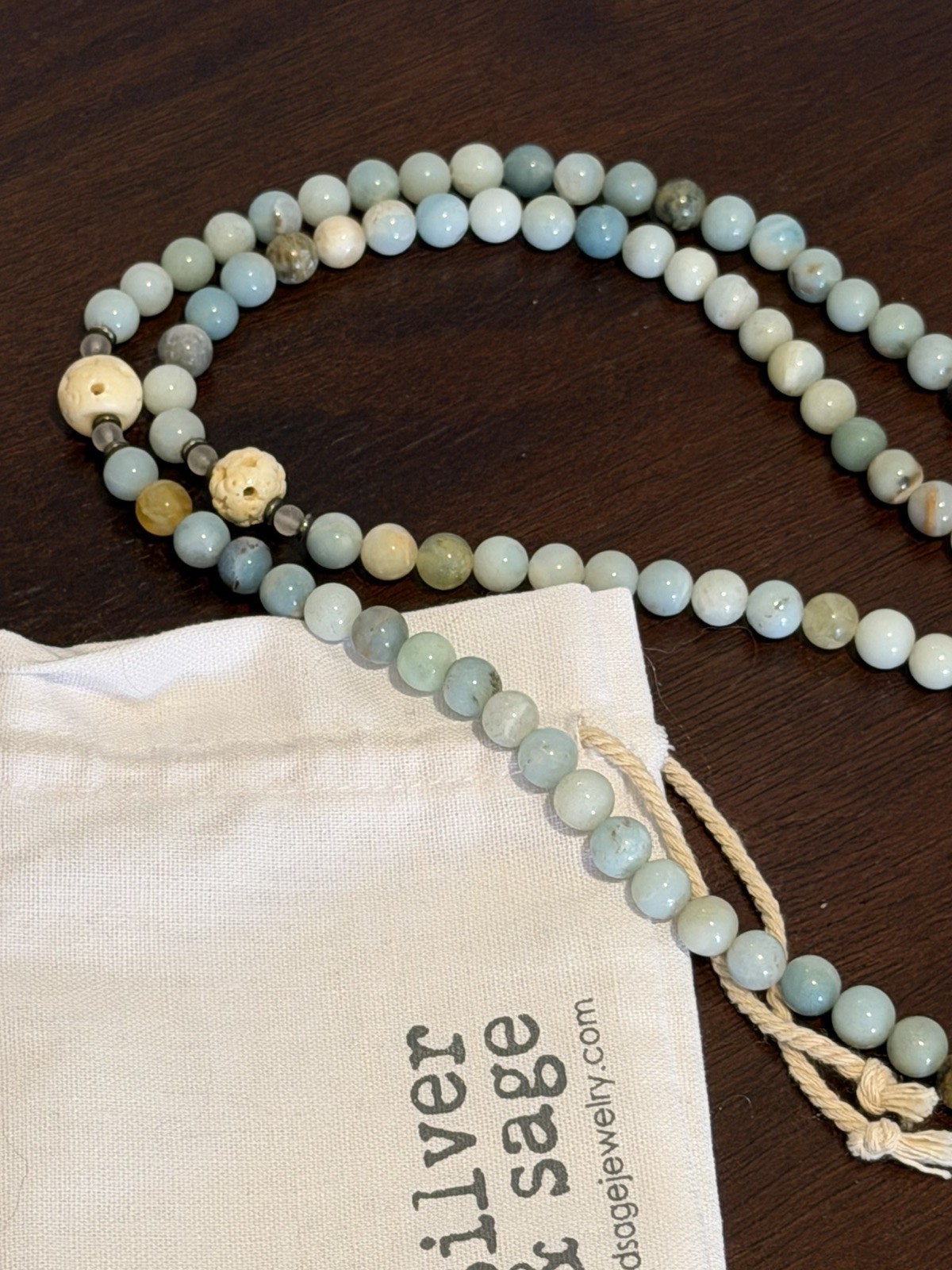Silver & Sage Mala Necklace Green Amazonite and Quartz Pink Rose Tassel NEW