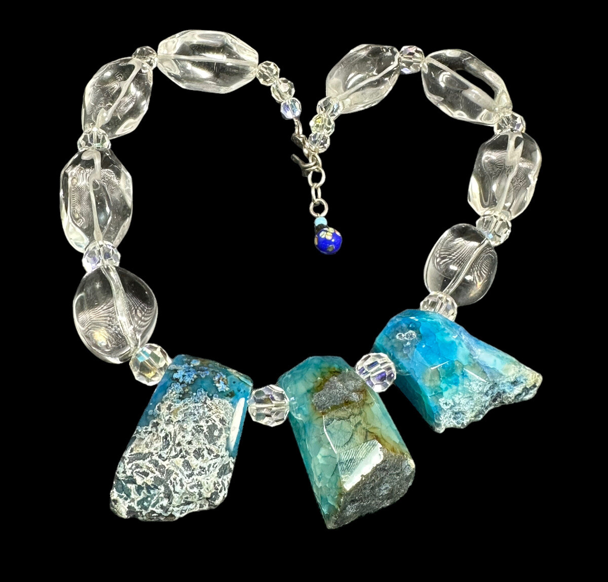 Natural Blue Larimar Necklace Clear Rock Crystal Beads 21 in Raw Gemstone