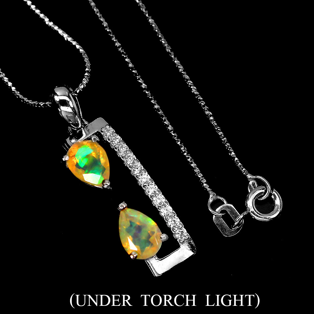 925 Sterling Silver Necklace Pear Fire Opal Cz Gemstone Jewelry 16ins
