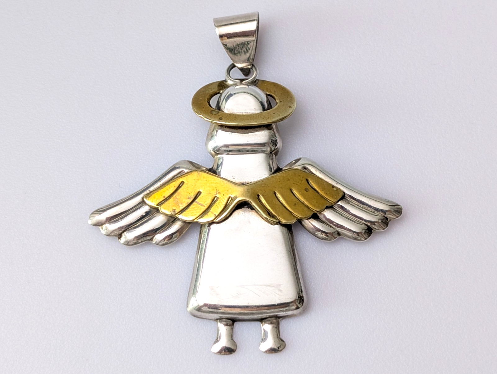 Vtg 3.25″ Mexico 17.7g Sterling Silver & Brass Flying Angel Wings Halo Pendant
