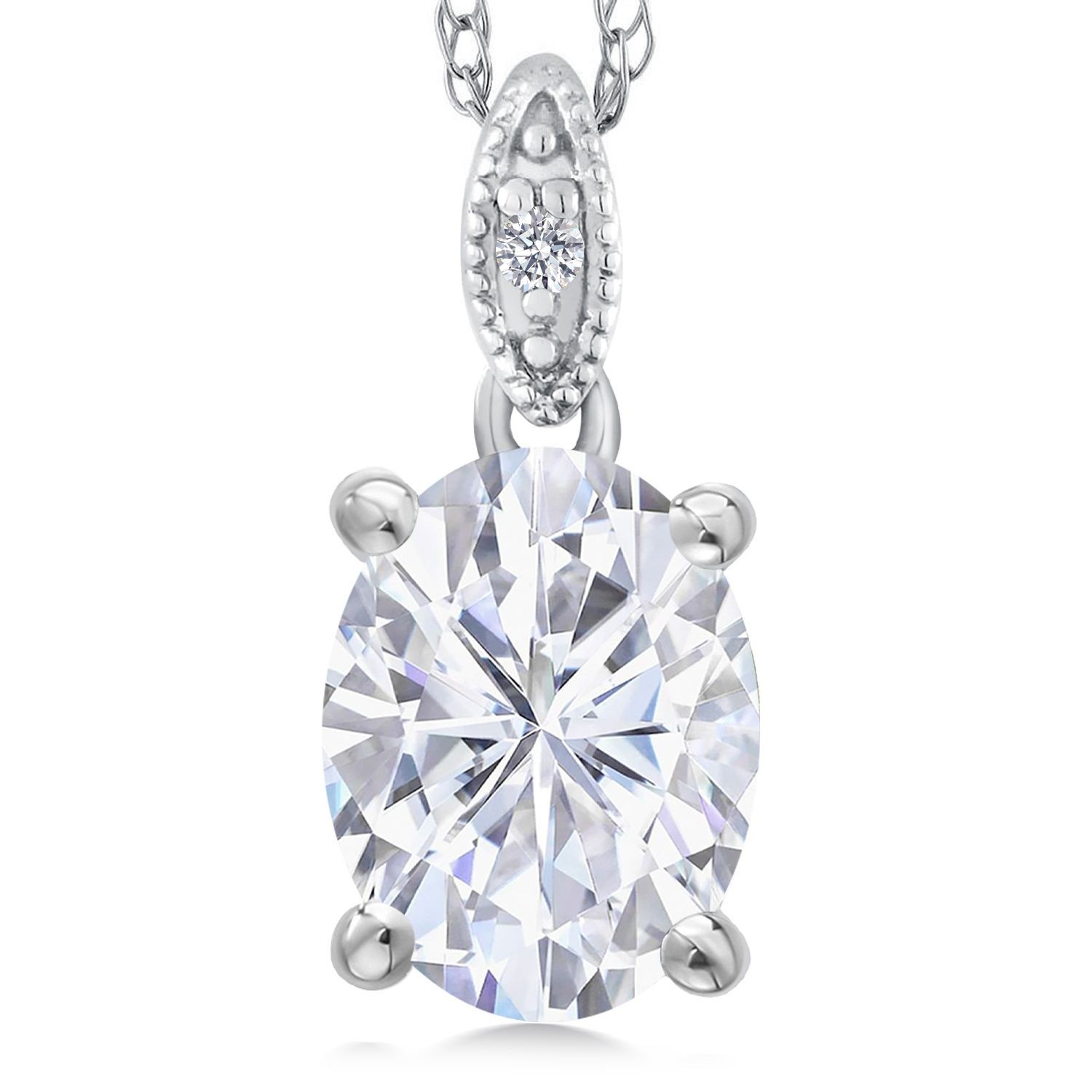 10K White Gold Pendant Near Colorless Oval Moissanite and Diamond