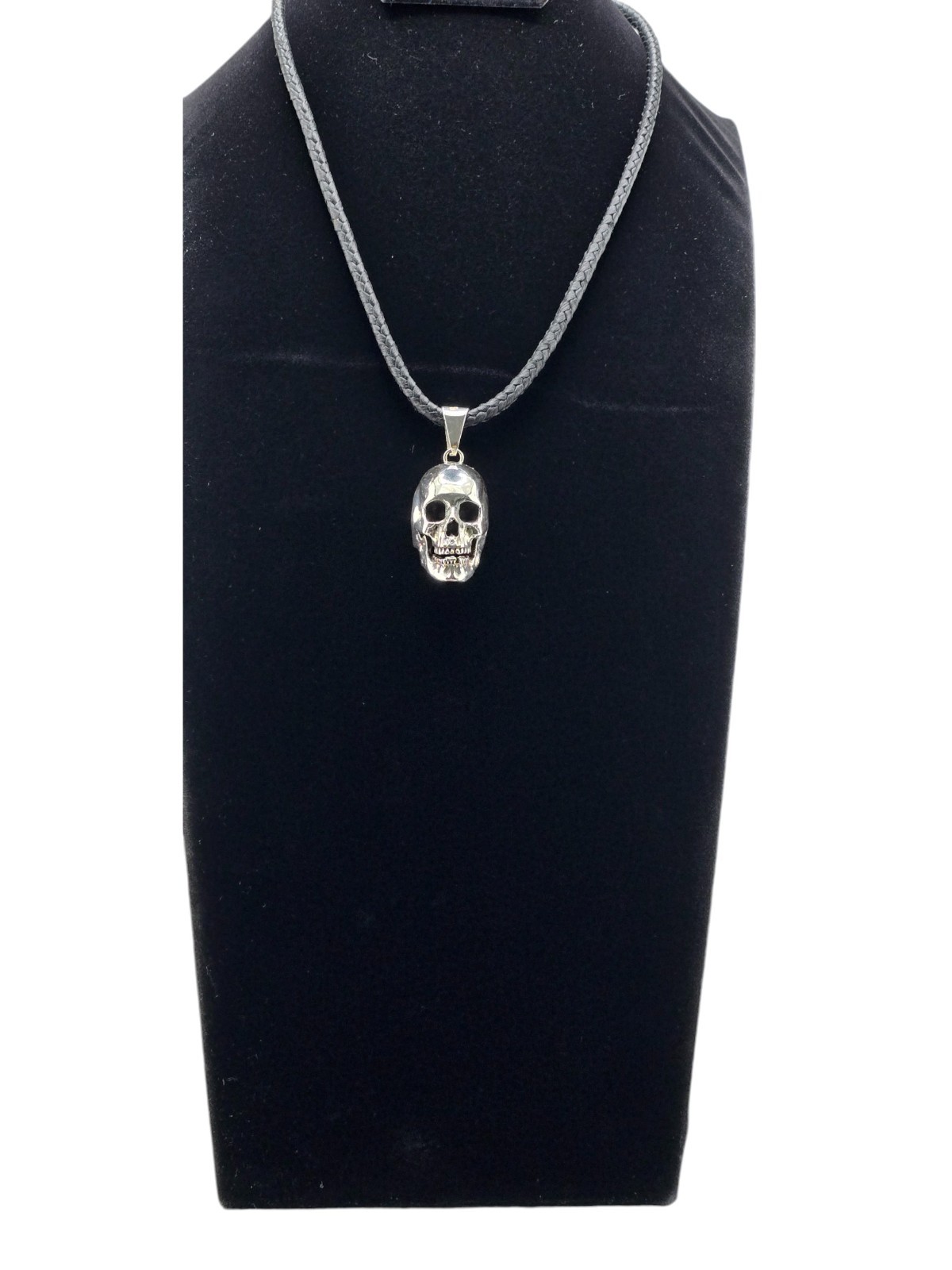 Handmade Solid 925 Sterling Silver Skull Pendant with Handwoven Leather Necklace