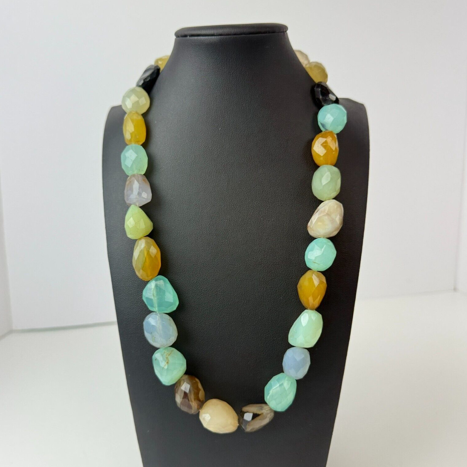 Vintage Natural Multicolor Gemstone Faceted Beads 21″ Necklace Blue Yellow Clasp