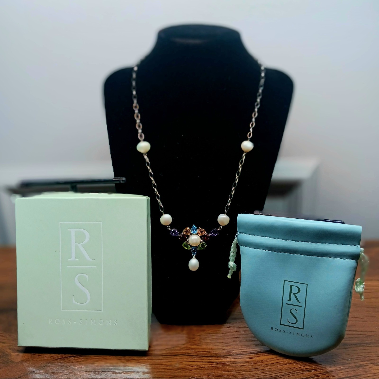 18-20″ Ross Simons Sterling Silver Multi Gemstone & Pearl Chain Station Necklace