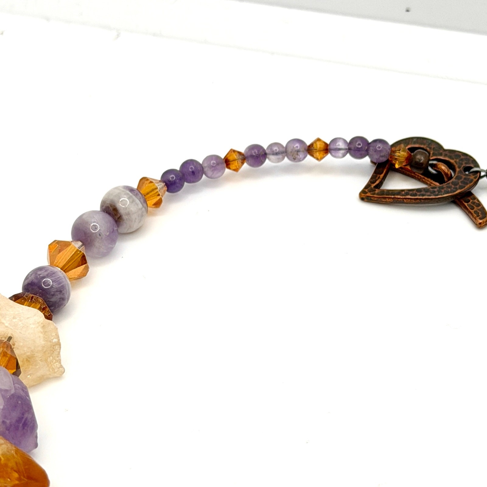 Vintage 90s Raw Amethyst Citrine Large Crystal Copper Heart Toggle Necklace