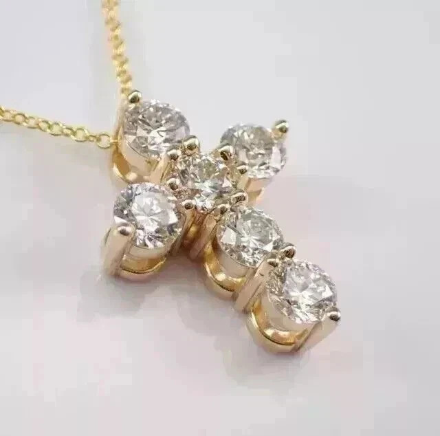 Cross 1.00Ct Lab Grown Diamond Charm Chain Pendant 14K Yellow Gold Plated Silver