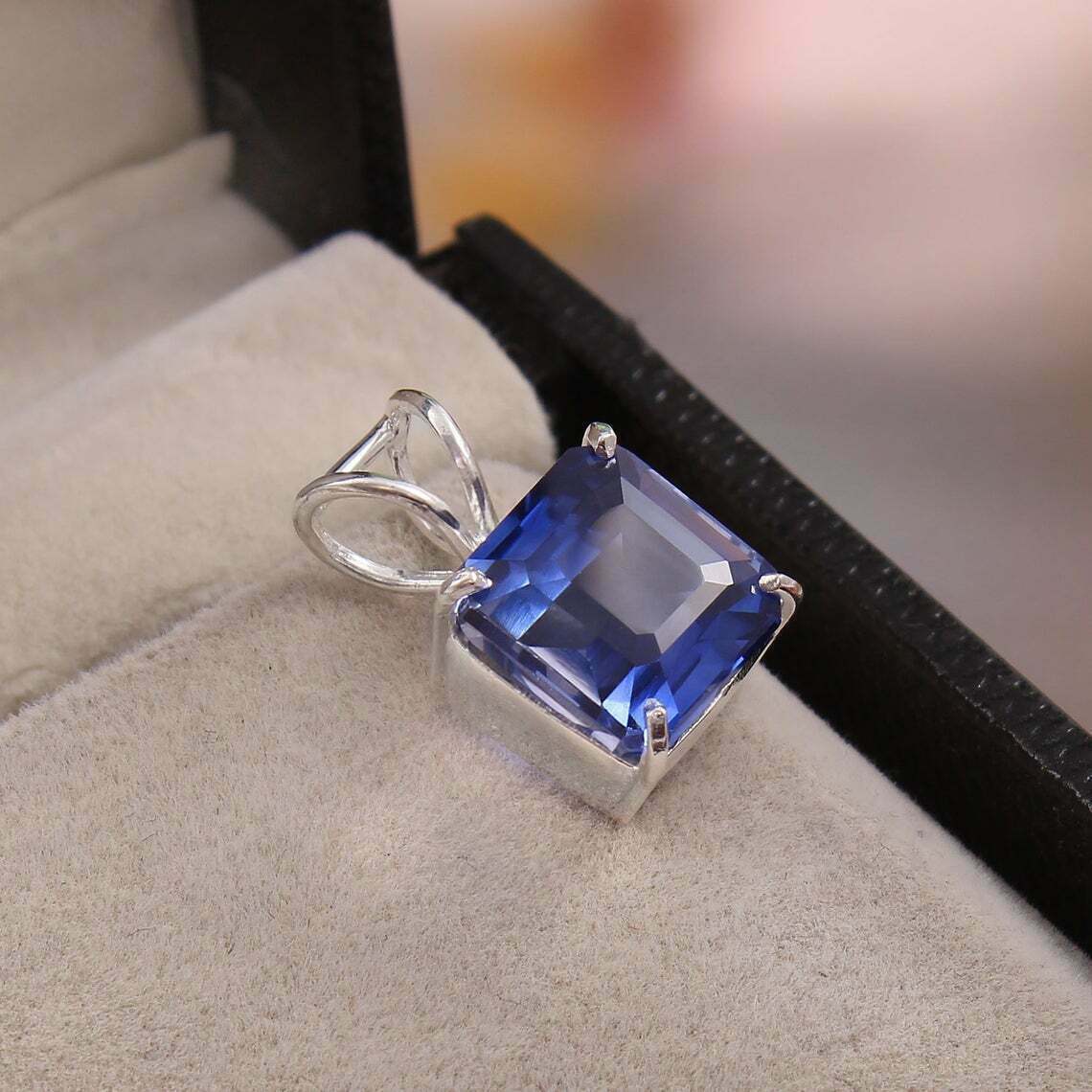 2Ct Asscher Cut Blue Sapphire Solitaire Pendant 14K White Gold Finish Free Chain