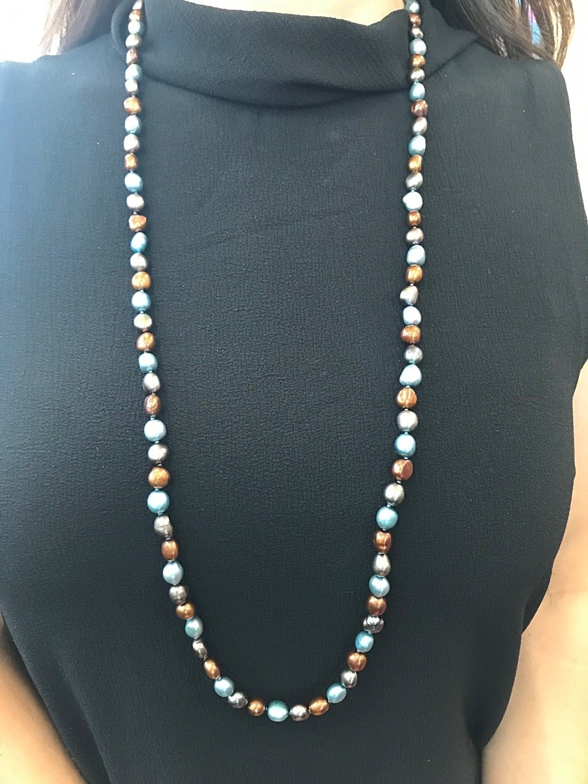 HONORA 36in Genuine Cultured Freshwater 8-9mm Blue Copper Dyed Pearl Necklace