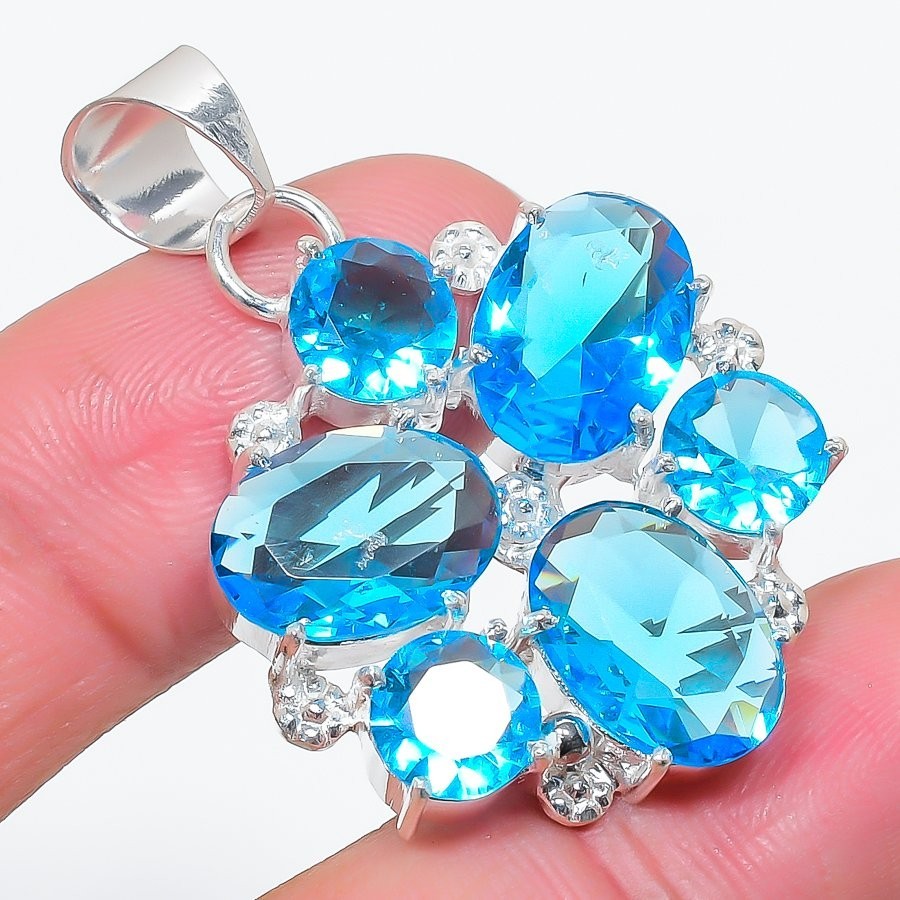 Swiss Blue Topaz Gemstone 925 Sterling Silver Jewelry Pendant Size 1.65″For Gift