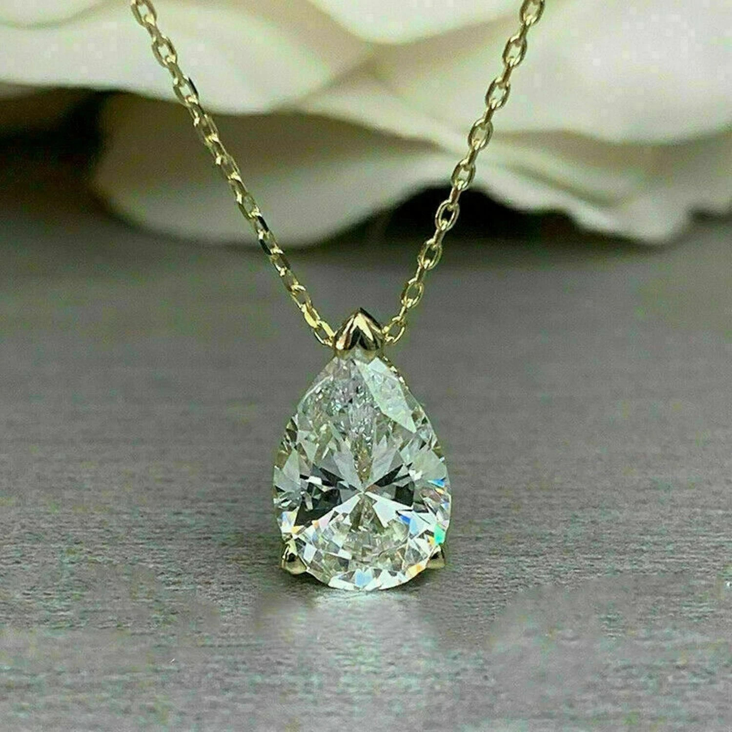 2Ct Pear Lab-Created Diamond Solitaire Pendant Necklace 14k Yellow Gold Plated