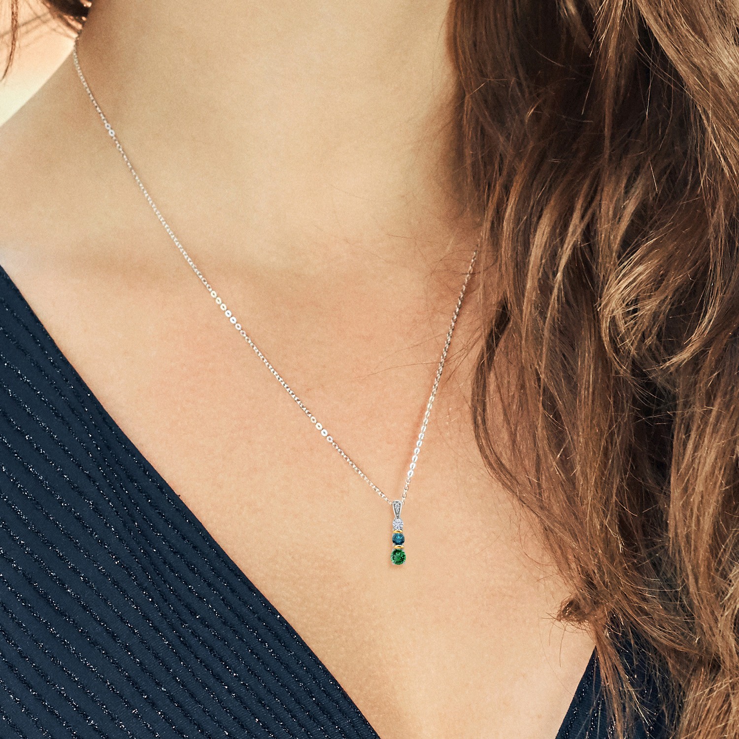 925 Silver and 10K Yellow Gold Nano Emerald Blue Diamond and White Moissanite