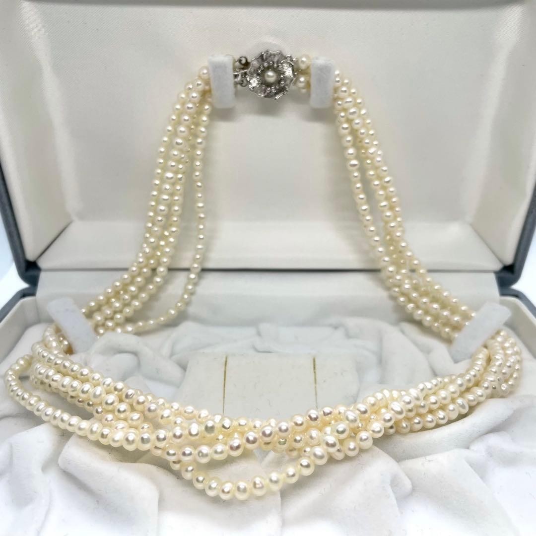 5 Strand Genuine Pearl Necklace White 4.0mm Silver Clasp Formal Auth From Japan