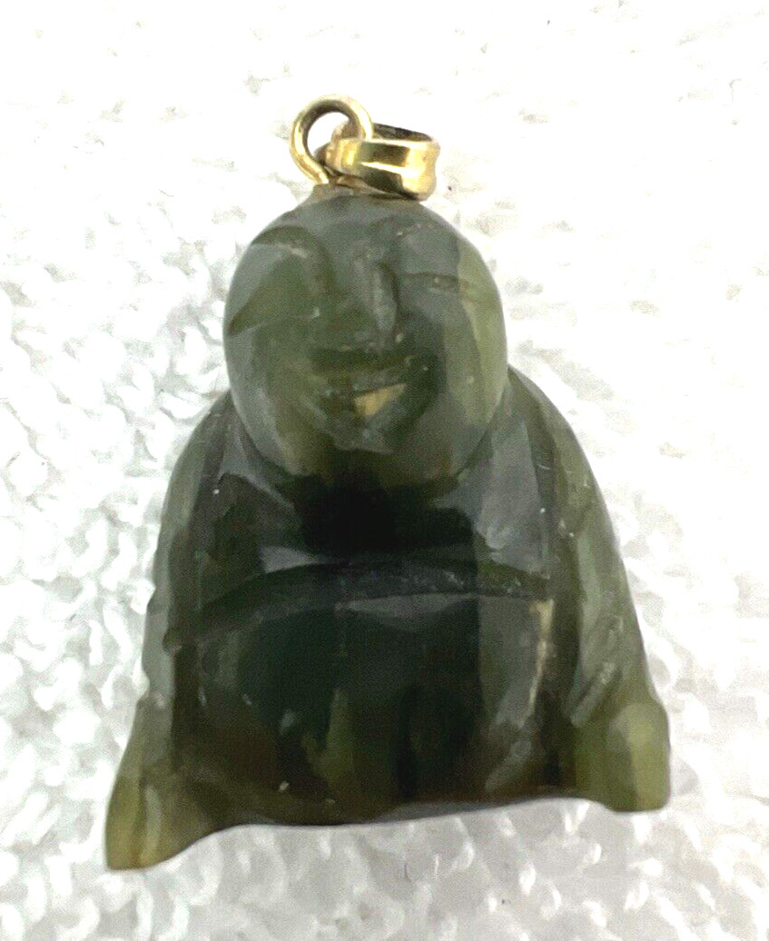 Vintage Solid Carved Jade Budda Man Pendant Charm Deep Green 7/8 inch